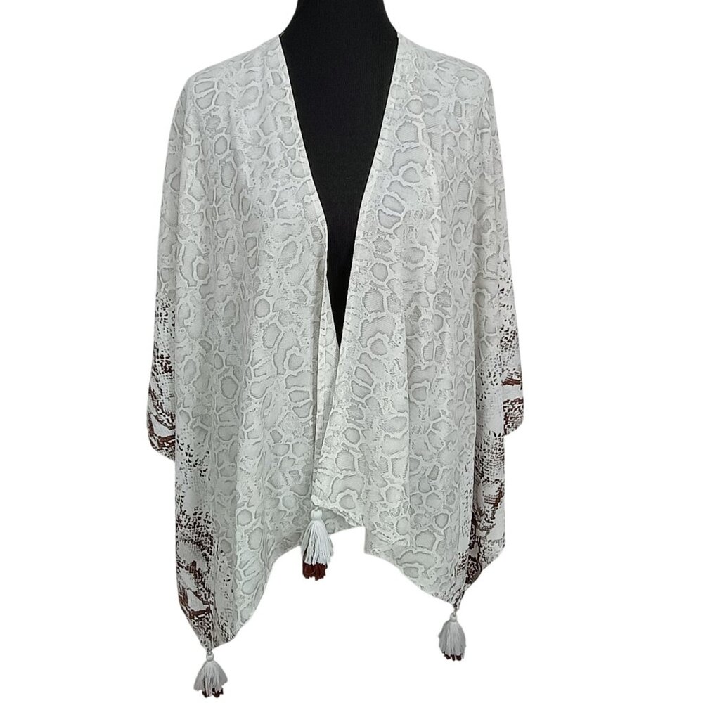 White & Brown Snake‎ Print Open Front Kimono With Tassels One Size By Mytreasure